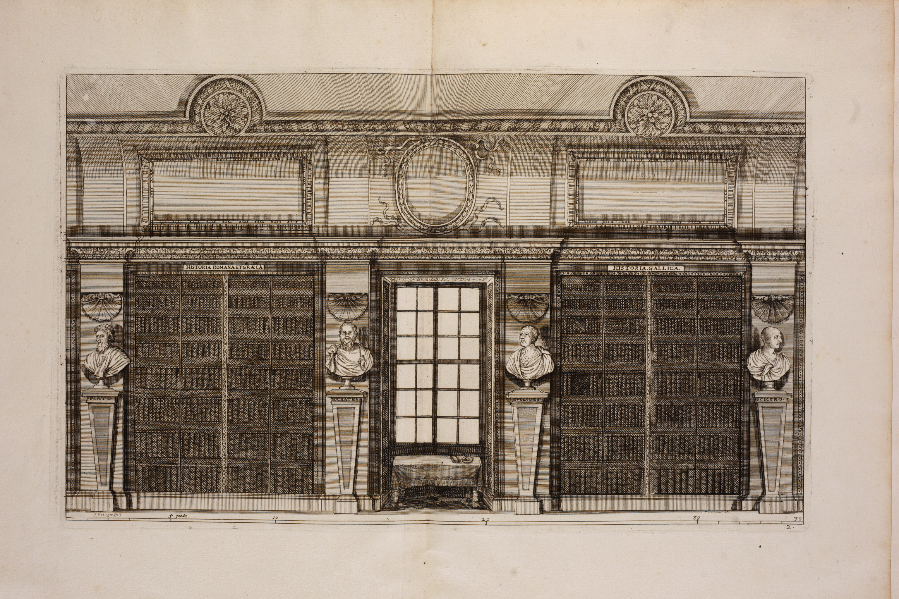 Ansicht der Bücherwand in der Bibliothek von Sainte-Geneviève. Aus: Claude Du Molinet, Le Cabinet De La Bibliotheque De Sainte Genevieve …, Paris 1692.